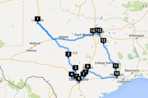 Google Map of Texas Music Road Trip