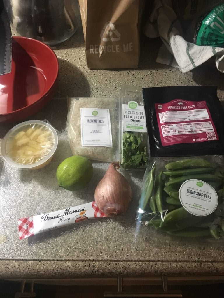 pork chop with jasmine rice in packaging