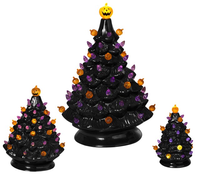 3-Pc Light Up Black Ceramic Dolomite Purple Orange Lights Halloween Tree Set