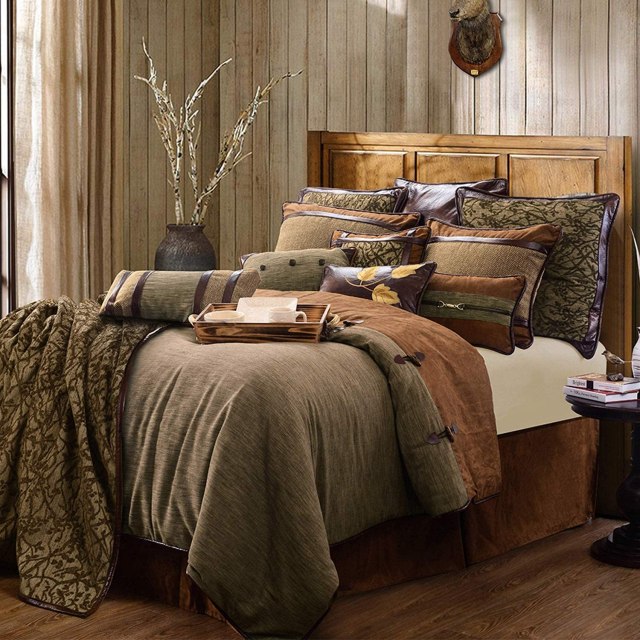 HiEnd Accents Highland Lodge Rustic Reversible Bedding Set, Super King, Brown 5 Piece