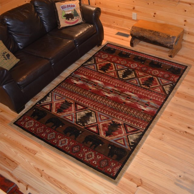 Rustic Lodge Bear Pine Tree 5x8 Red Area Rug, 5'3"x7'7" 6970