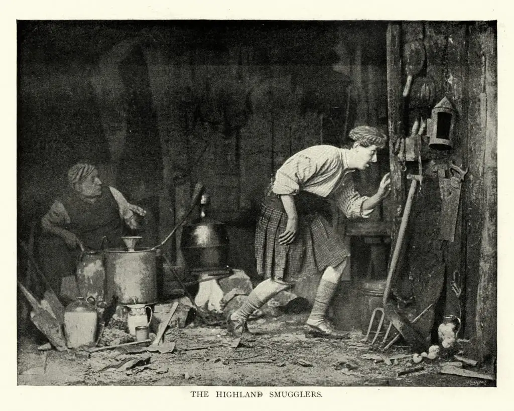 Scottish highland smugglers making moonshine whiskey, 19th Century