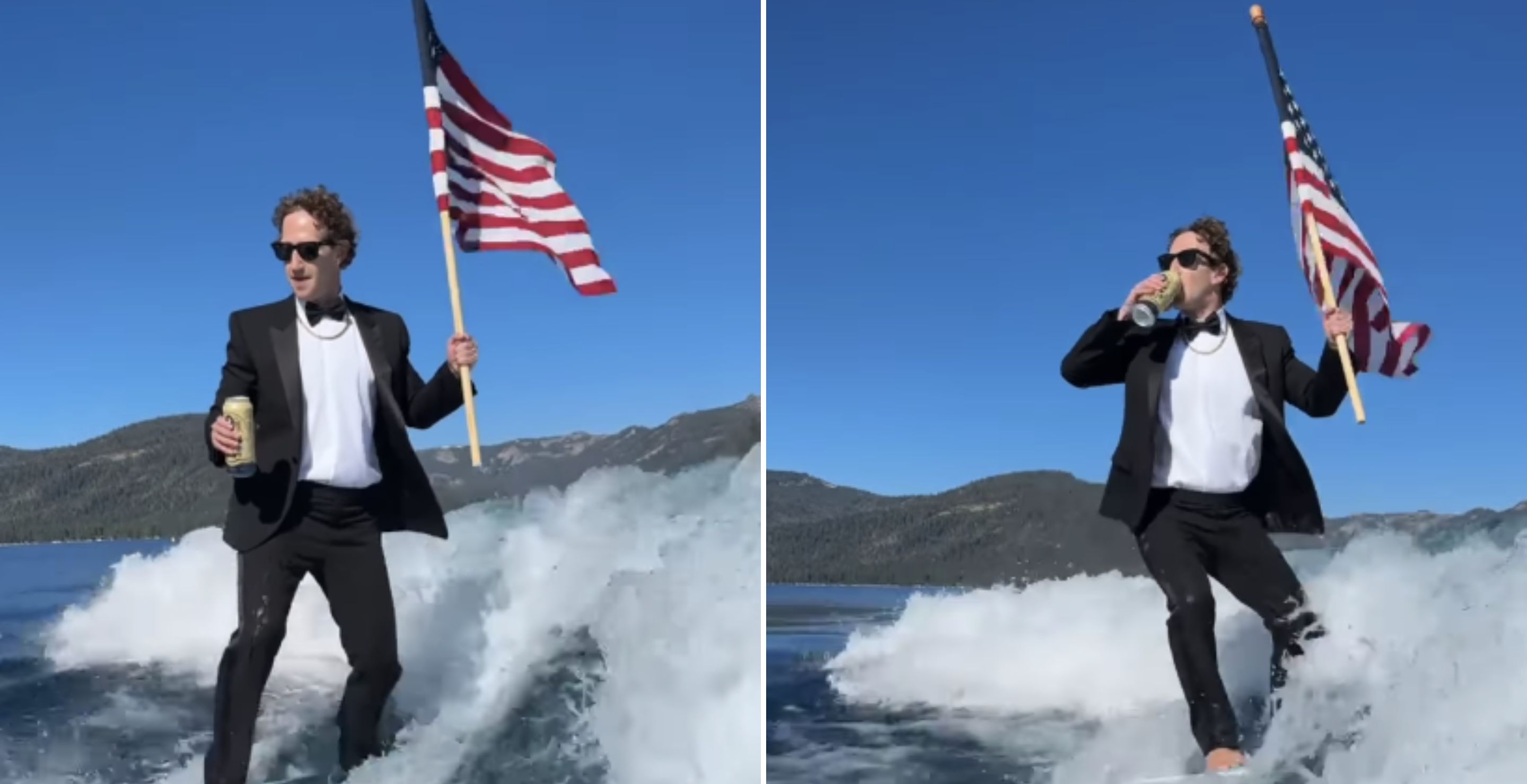 Mark Zuckerberg Drinks Beer And Flies American Flag While Surfing In Tuxedo See Video