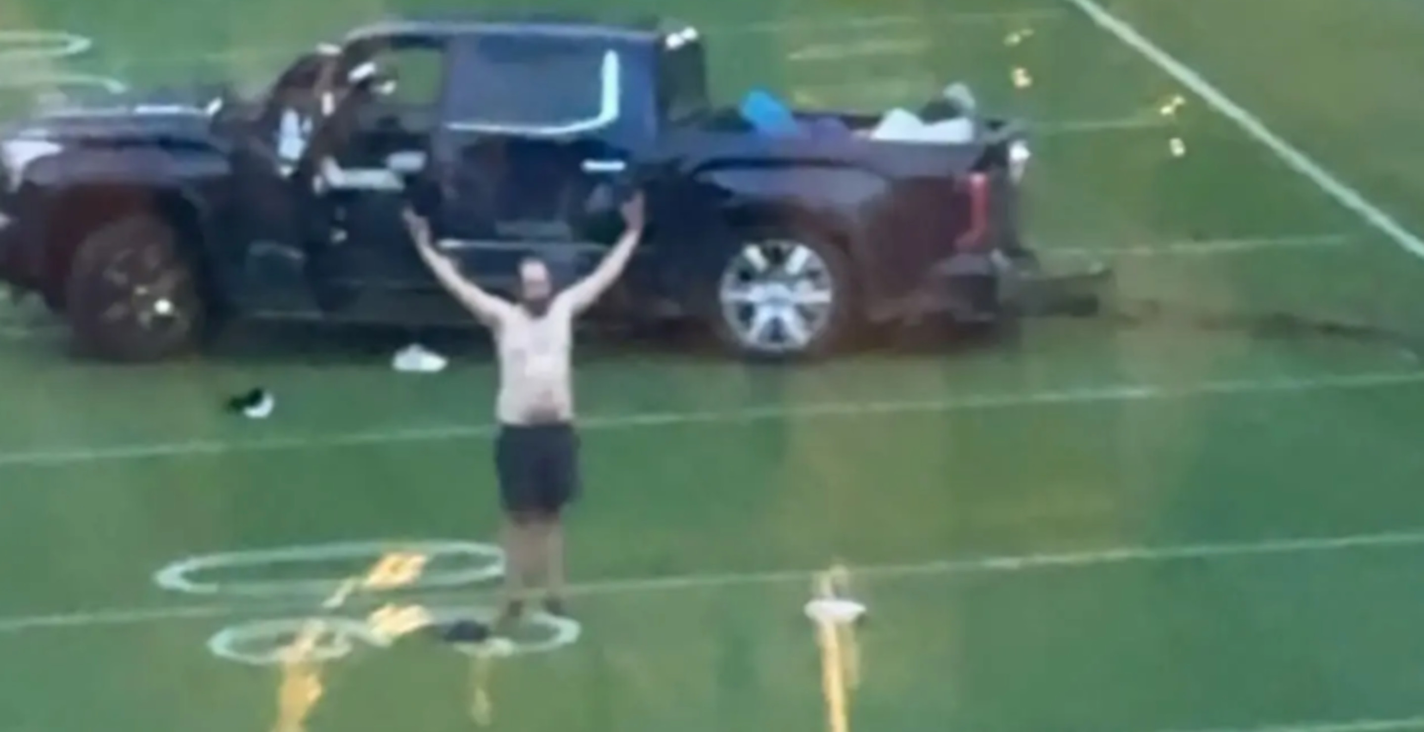 Shirtless Man Drives Onto Popular College Football Field, Nearly Strikes Bystander In Hit And Run