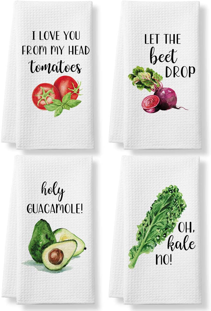 Funny Kitchen Towels Decorative Set of 4 Vegetables Sayings