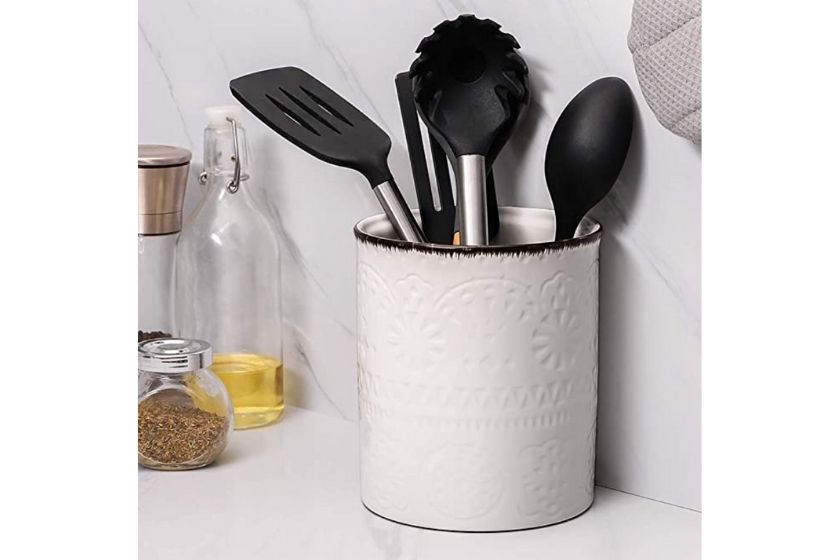 Creative Home Heavy Gauge White 5 in. Dia. x 6-1/4 in. H Small Stainless Steel Tool Crock Utensil Flatware Holder